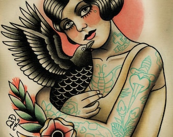 Flapper and Crow Tattoo Art Print