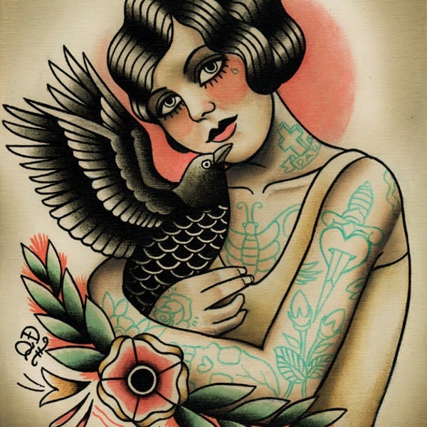 Flapper und Krähe Tattoo Kunstdruck