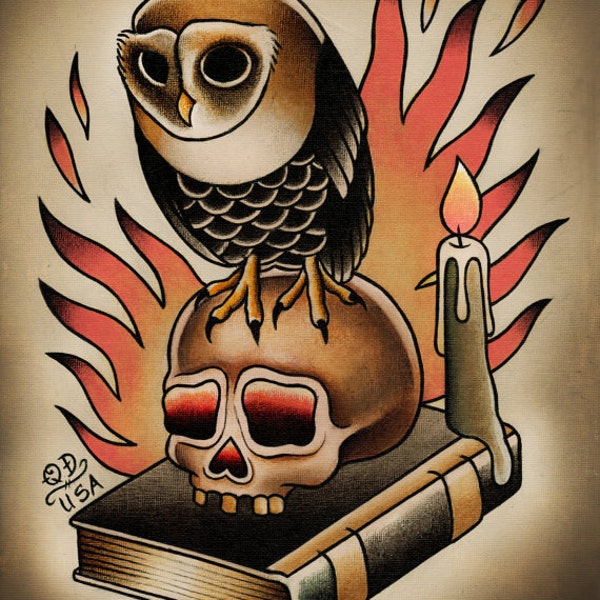 Owl and Skull Traditional Tattoo Print