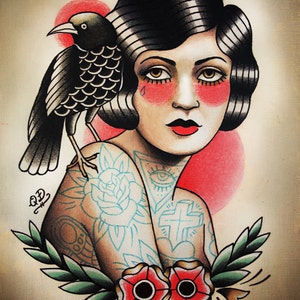 Flapper and Raven Tattoo Art Print zdjęcie 1