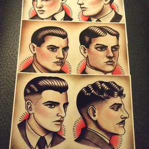 1920&#39;s Gentlemen&#39;s Hairstyle Barber Barbering Guide Set of 3 (Color), 8&quot;x10&quot;