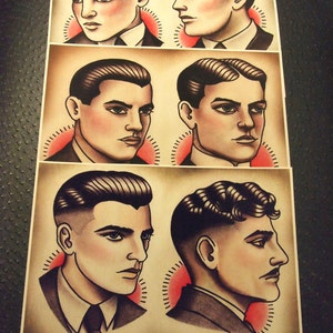 1920's Gentlemen's Hairstyle Barber Barbering Guide Set of 3 (Color), 8"x10"