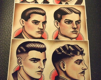1920's Gentlemen's Hairstyle Barber Barbering Guide Set of 3 (Color), 8"x10"