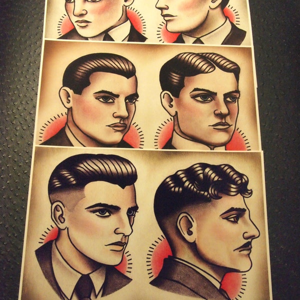 1920's Gentlemen's Hairstyle Guide Set of 3 (Color), 11"x14"