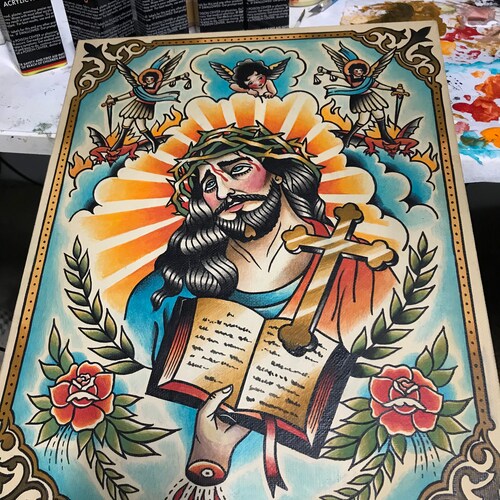 Classic Jesus Color Tattoo Flash Etsy