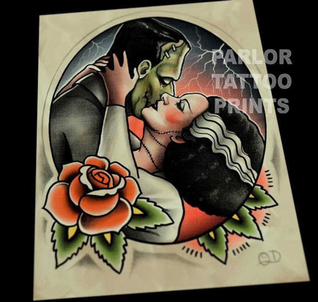 Frankenstein and Bride Kiss Tattoo Flash Art Print - Etsy Frankenstein and Bride Kiss Tattoo Flash Art Print - Etsy