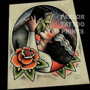 Frankenstein and Bride Kiss Tattoo Flash Art Print