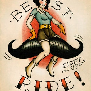 Flapper on a Moustache Ride Tattoo Flash Print