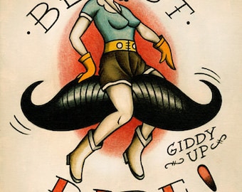 Flapper on a Moustache Ride Tattoo Flash Print