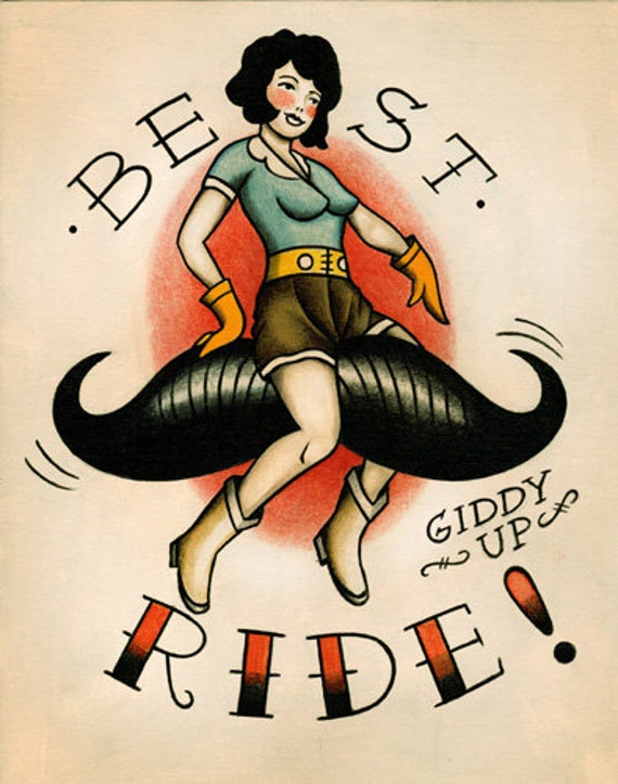 Flapper on a Moustache Ride Tattoo Flash Print Etsy