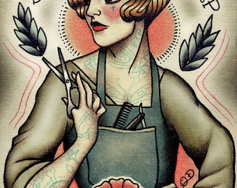 Barber Girl Tattoo Art Print