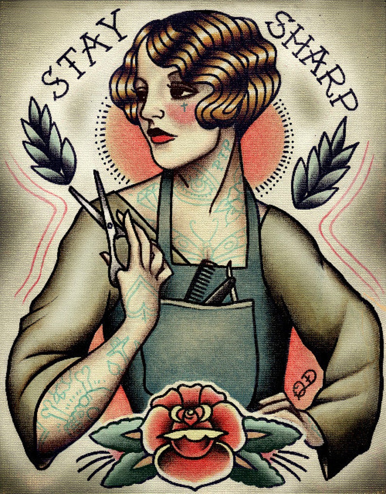 Barber Girl Tattoo Art Print image 1