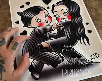 Kewpie Morticia and Gomez Tattoo Flash Art Print