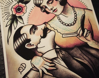 Vintage Lover's Barbering Tattoo Print