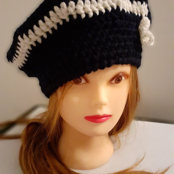 Bonnet beret femme fait main noir et blanc