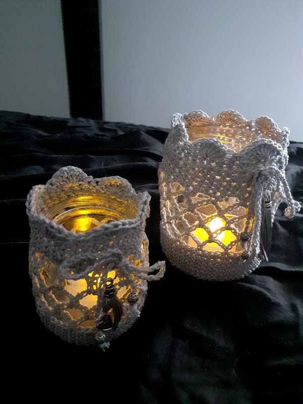 2 Photophores Gris Coton Crochetés Main