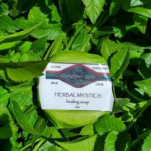 Savon cicatrisant Herbal Mystics 4 oz | Savon à la noix de coco, traitement de la peau contre les allergies, adoucissant pour la peau, crème hydratante, savon cicatrisant, peaux extra-sensibles