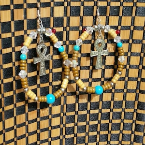 Ankh beaded hoop earrings, Egyptian adornments, African jewelry, Rasta, Good Luck amulets,