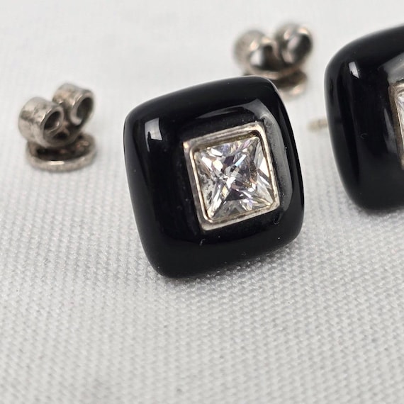 925 Sterling Silver Square Black Enamel Stud Earrings View 2