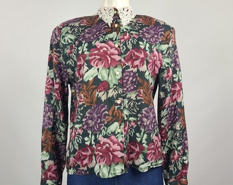 Vintage Metroline Flower Print Lace Collar Button Up Blouse Size M