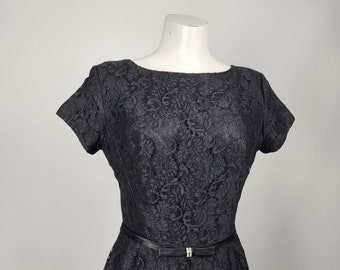 Vintage Laurence Dress Black Lace Sheath Belted Dress Size S