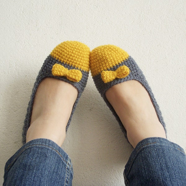 Grey Yellow Crocheted  house shoes, house slippers, women slippers
