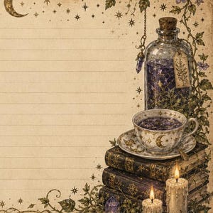May include: A piece of lined stationery paper featuring a decorative border with a crescent moon, stars, and ivy vines. The illustration includes a glass bottle with purple liquid, a teacup on a saucer, stacked books, and two lit candles.