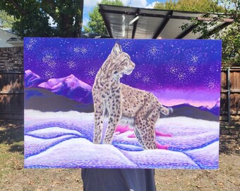 Winter Lynx in Purple Mountains and Snow Original Artwork Oil Pastel Painting 24x36 Deep Cradled Wood Panel Unframed