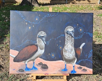 Blue-Footed Booby birds on sandy shore with Blue starry background Original 18x24 acrylic painting Unframed
