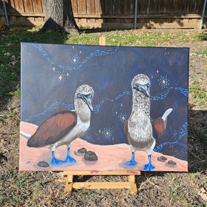 Blue-Footed Booby birds on sandy shore with Blue starry background Original 18x24 acrylic painting Unframed
