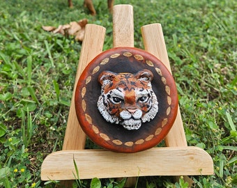 Orange Tiger Handmade Sculpture Tin Aluminum 3 inch Diameter with screw on lid