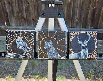 3 Mini Paintings 4x4 Owl Fox and Deer Woodland Original Acrylic on Canvas Black and White with Metallic Light Copper Accents