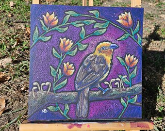 Orange and brown Bird with flowers on purple background Square 10x10 Neocolor II Crayon Original Drawing on Black paper