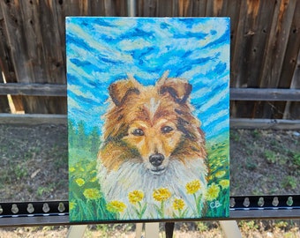 Expressive Sheltie Dog in Dandelion Field 8x10 Oil Pastel Painting Cradled Panel with Yellow Border