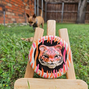 Pink and Orange Tiger Handmade Sculpture Tin 3 inch with Screw on Lid