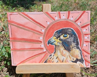 Falcon Head Original 5x7 Watercolor and ink painting with Venetian Red and Gold background Unframed and unmatted