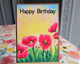 Red Poppies Handmade 5x7 Birthday Card Blank Inside includes White envelope
