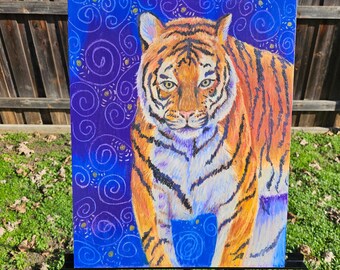 Orange Tiger with Swirly Blue and Purple Background Original Oil Pastel painting on 16x20 hardboard .75 inch cradle Unframed