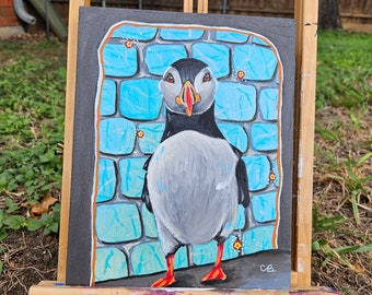 Puffin Standing in a blue igloo 8x10 Original Expressive Acrylic Painting on Cradled Panel Unframed