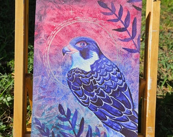 Purple Falcon on Magenta Pink Ombre Background 7x10 Watercolor Painting with Metallic accents Unframed and Unmatted