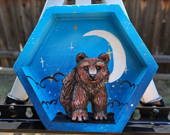 Brown Bear Moon on Blue Background 6 inch Hexagon Wood Shadowbox Handmade Original Art Sculpture Painted includes hanging hardware installed