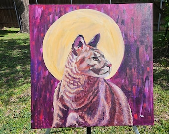 Mountain Lion Cougar Puma Epressive Original Acrylic Painting 20x20 Square Unframed Deep Canvas