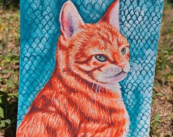 Orange Tabby Original 5x7 Watercolor Painting on Green background Unframed and Unmatted