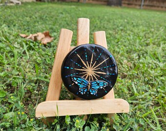 Blue Butterfly Star Handmade Sculpture Tin 3 inch circle with screw on lid