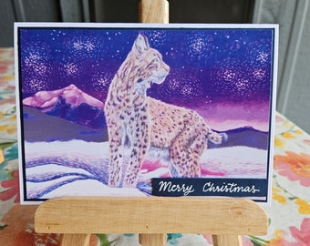 Winter Lynx with Purple sky Handmade Handlettered 5x7 Christmas Card Blank Inside includes White Envelope