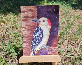 Woodpecker at Night 5x7 inch Original Watercolor Painting with White ink Unframed and Unmatted