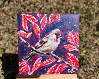 Bird Mini Original Painting with Red Leaves on Purple Background on 3x3 Mini Cradled Panel