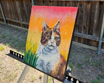 Expressive Calico Shorthair Cat Original 8x10 Oil Pastel Painting Cradled Panel Pink Orange and Yellow background