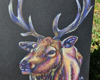 Sven Reindeer Elk 10x10 inch Original Neocolor II Crayon Art Drawing with Cool Color comination