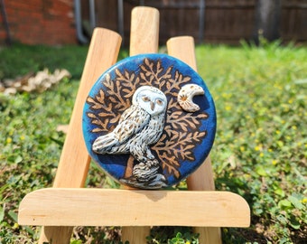 White Snowy Owl on Blue Background with Gold Tree and Moon Handmade Sculpture 3 Inch Round Tin with screw on lid